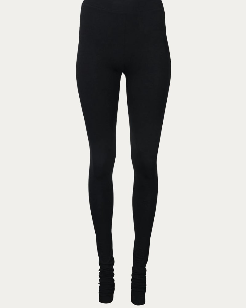 Front of a model wearing a size L Jules Jersey Stacked Legging in Black in Black by DEVINTO. | dia_product_style_image_id:343258
